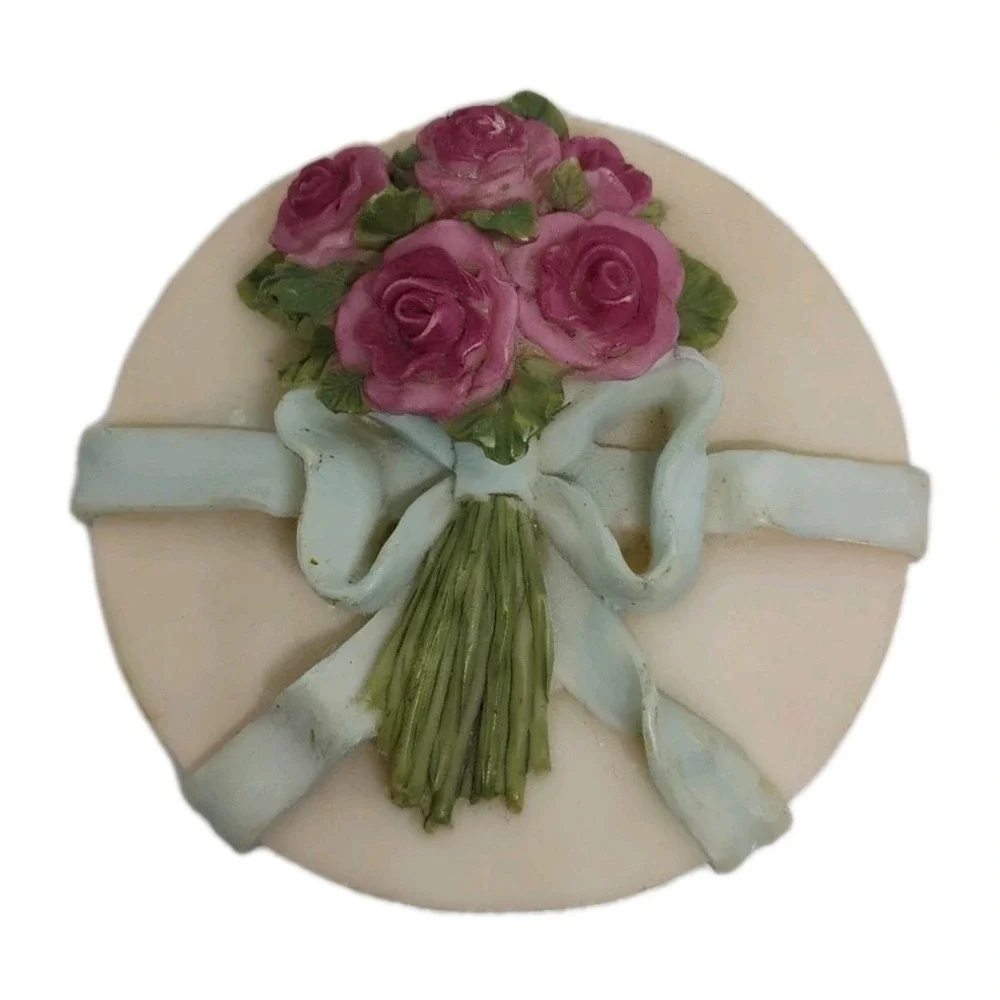 Vintage Dezine ? Hand Painted Roses‎ Pearls Trinket Box W/Lid